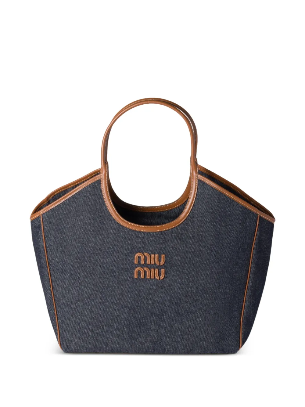 Miu Ivy leather-trimmed denim shoulder bag Blauw