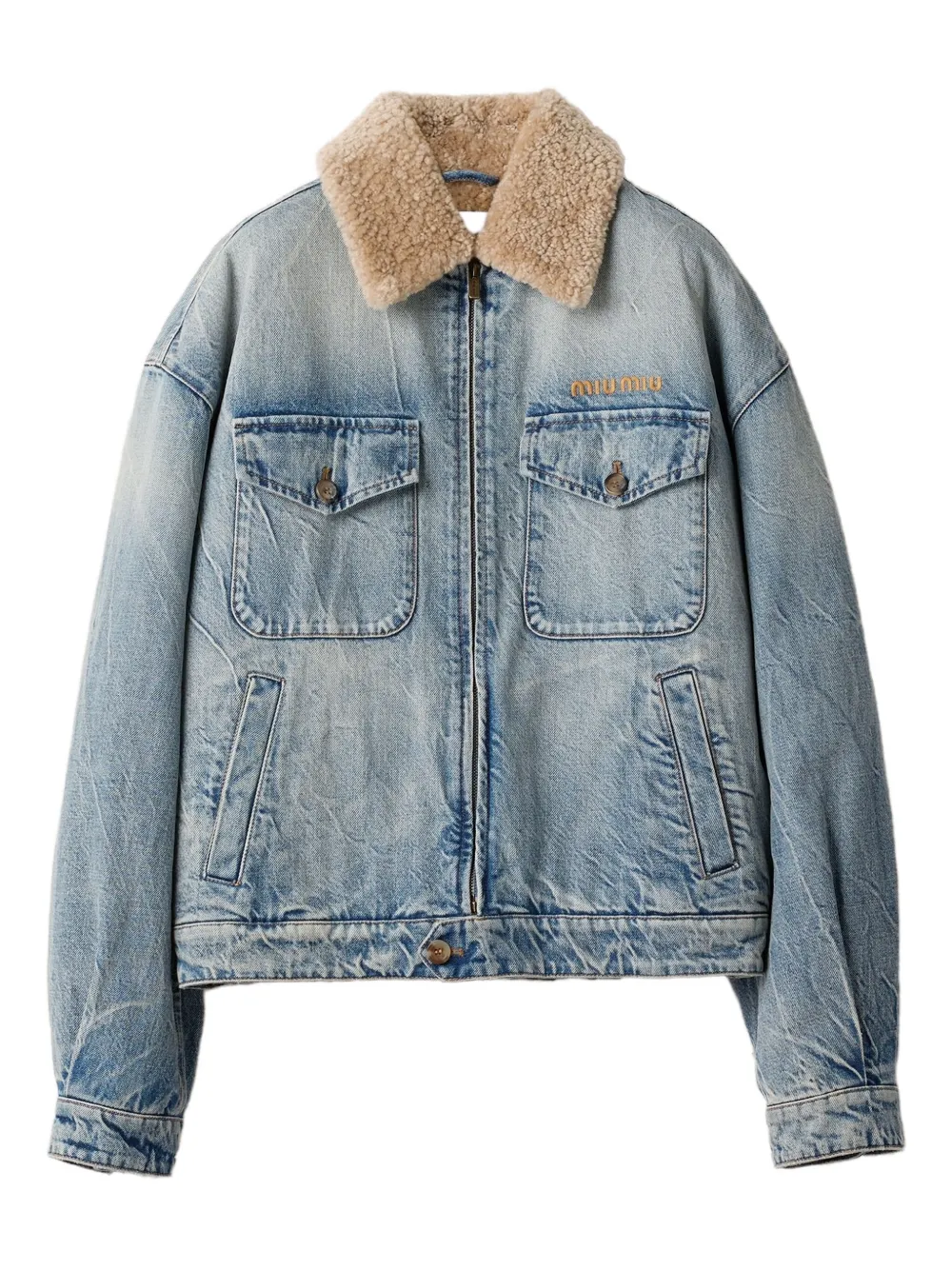 Miu Miu Shearling-collar Denim Jacket In Blue