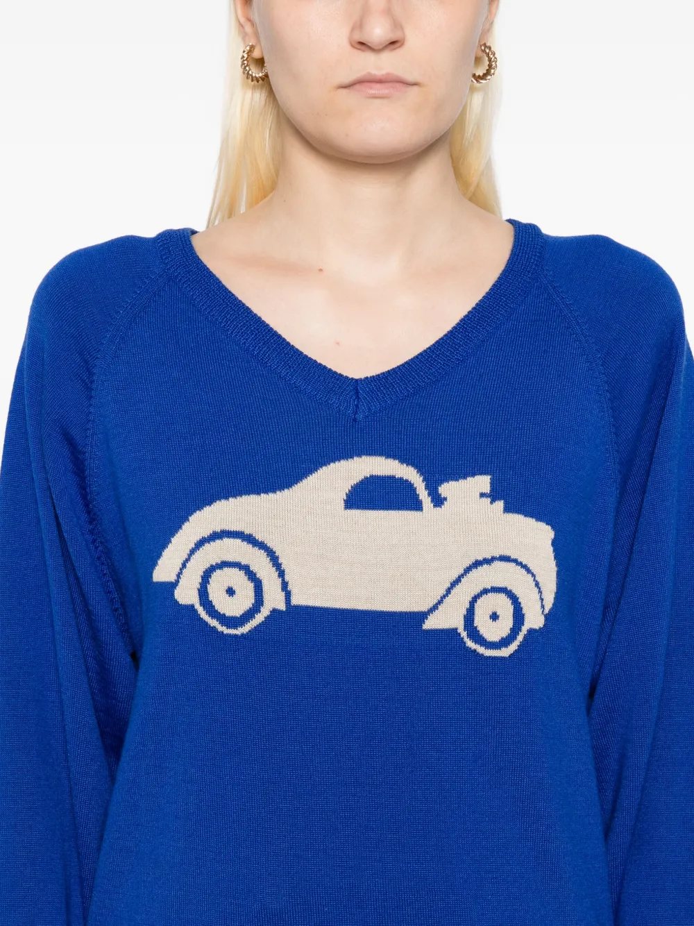 Open Yy Blue Car Graphic Knit Sweater In Blue