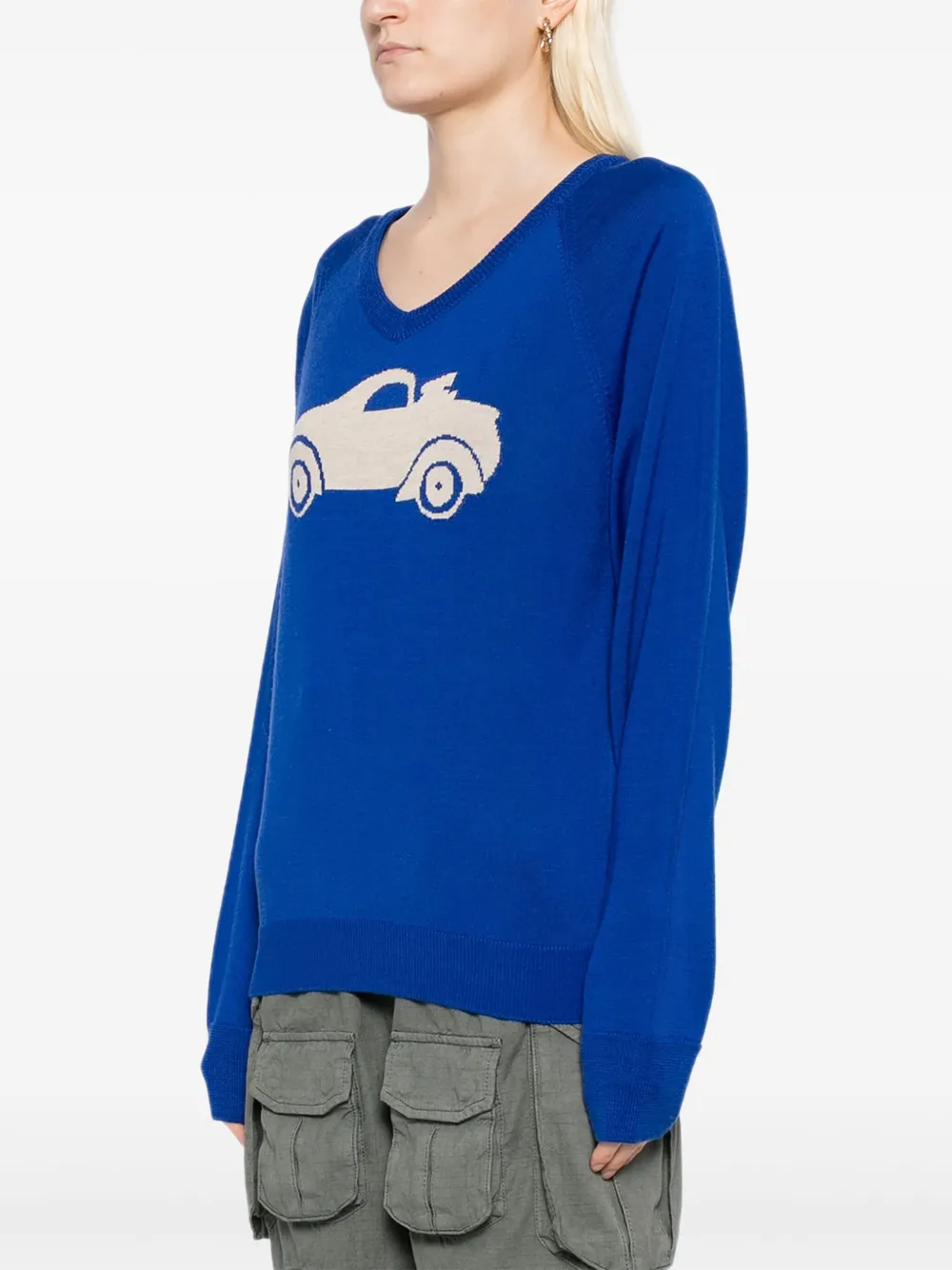 Open Yy Blue Car Graphic Knit Sweater In Blue