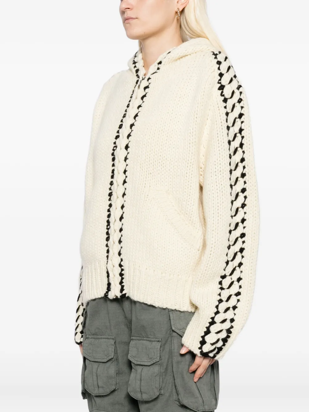 Open Yy Beige Stitch Zip Up Knit Hoodie In Neutral
