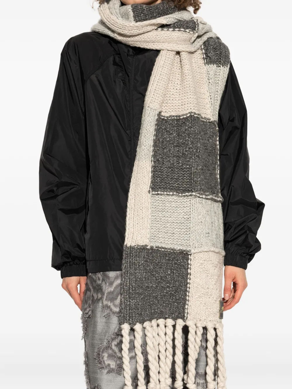 GANNI patchwork fringe scarf Beige