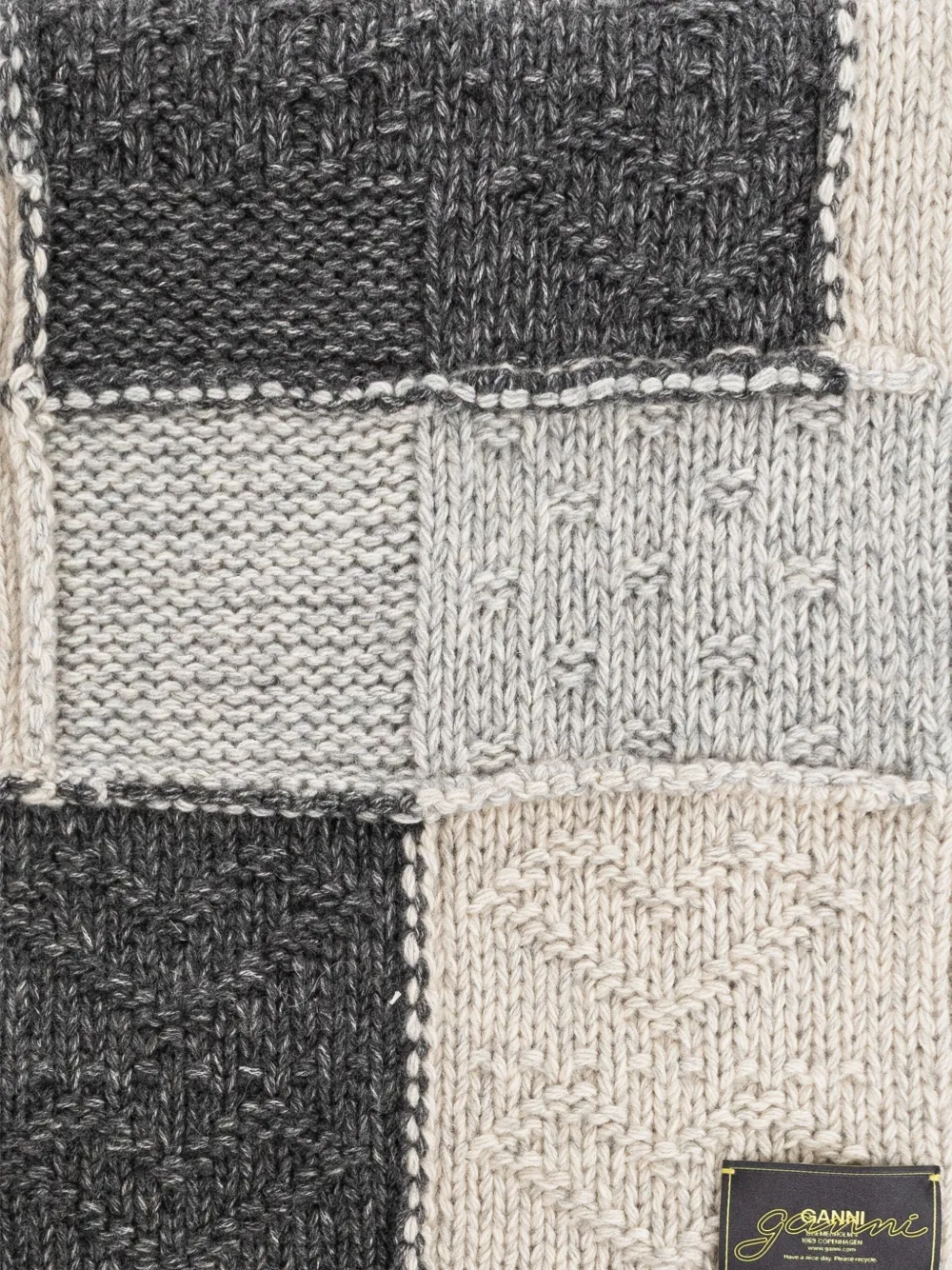 GANNI patchwork fringe scarf Beige