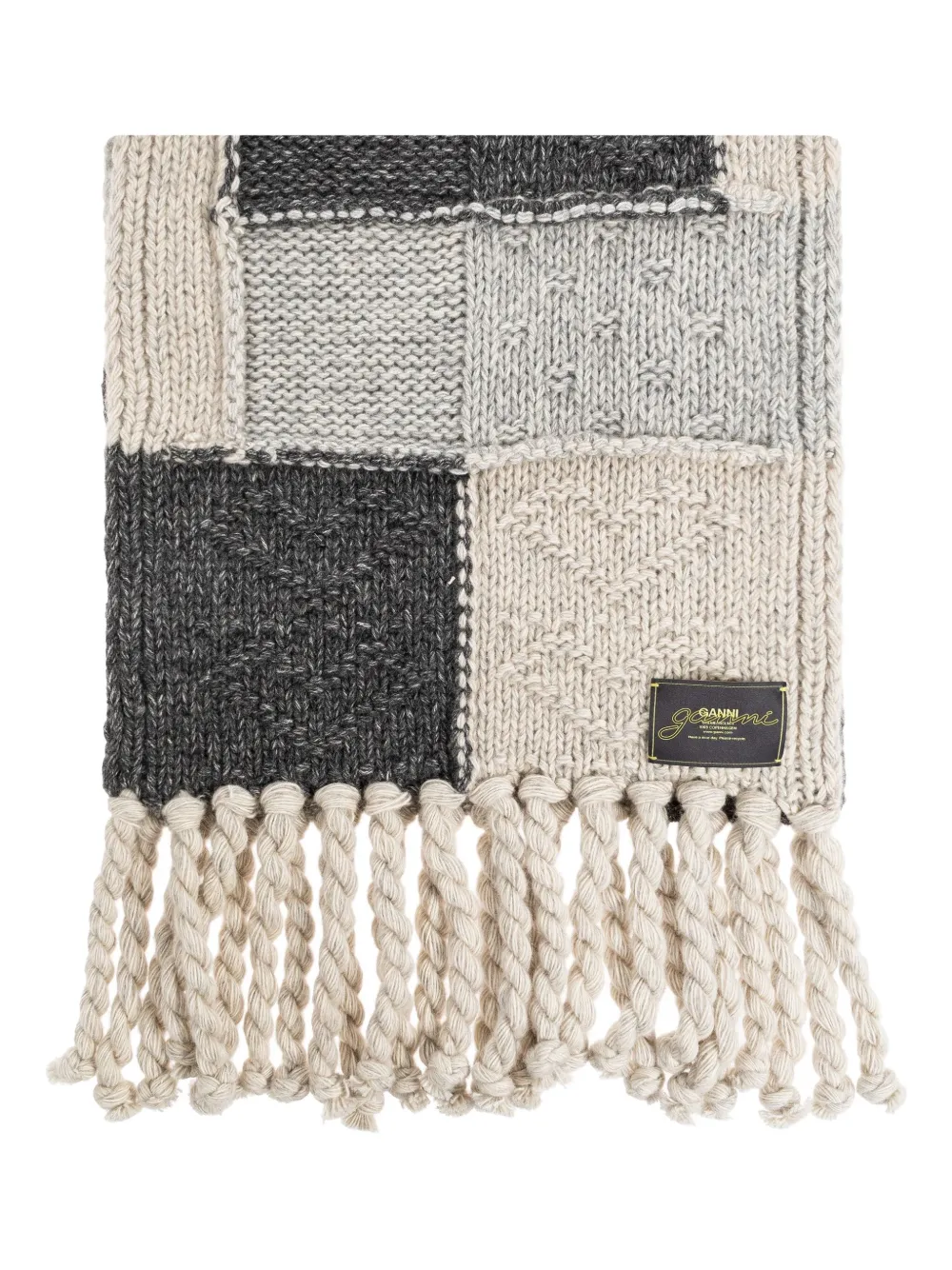 GANNI patchwork fringe scarf Beige