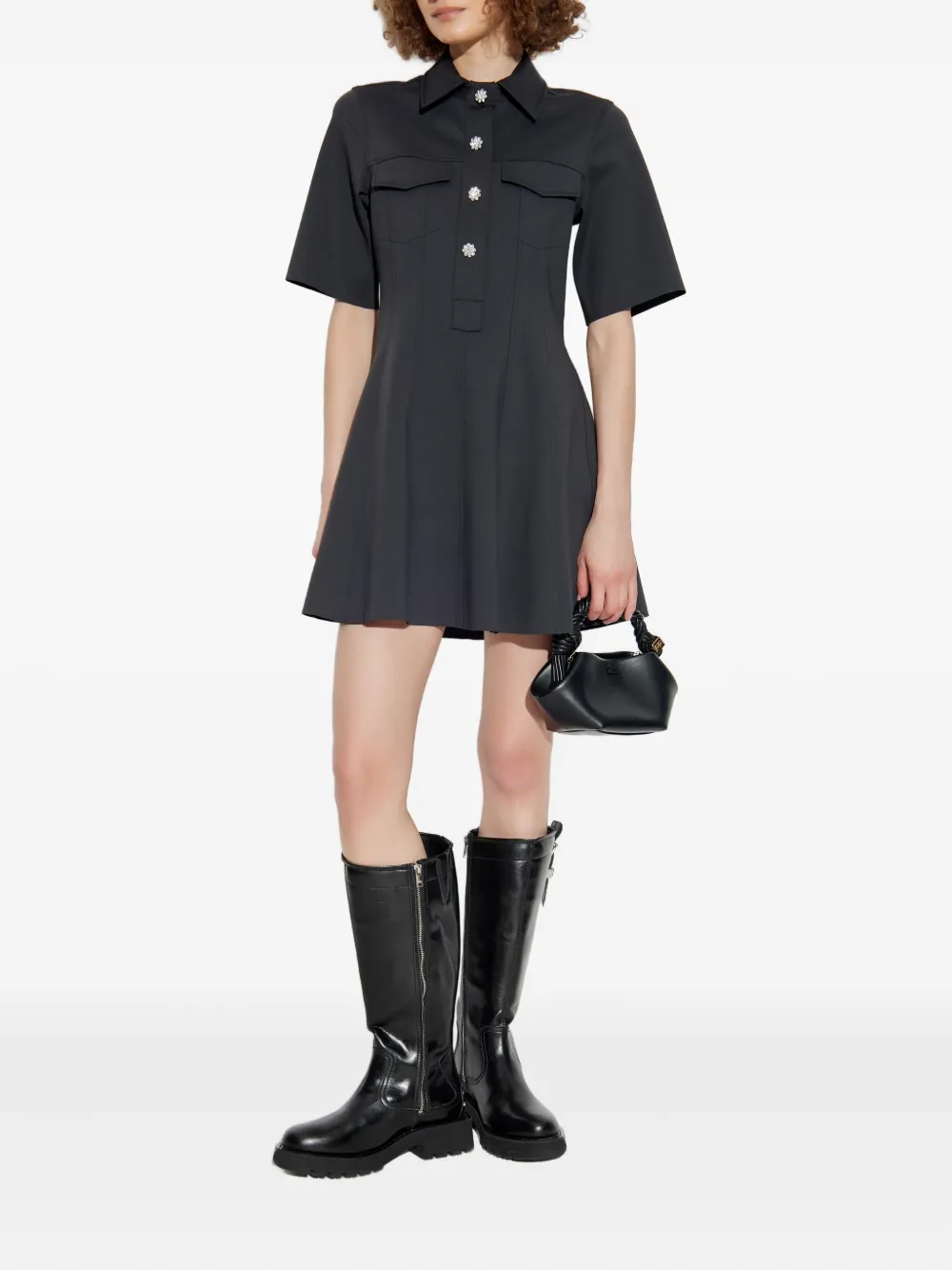 GANNI embellished short-sleeved mini day dress Zwart