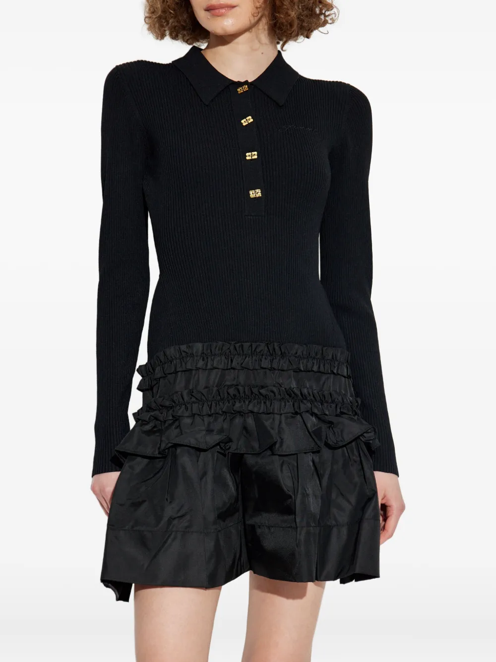 GANNI ribbed ruffled-skirt mini dress Zwart