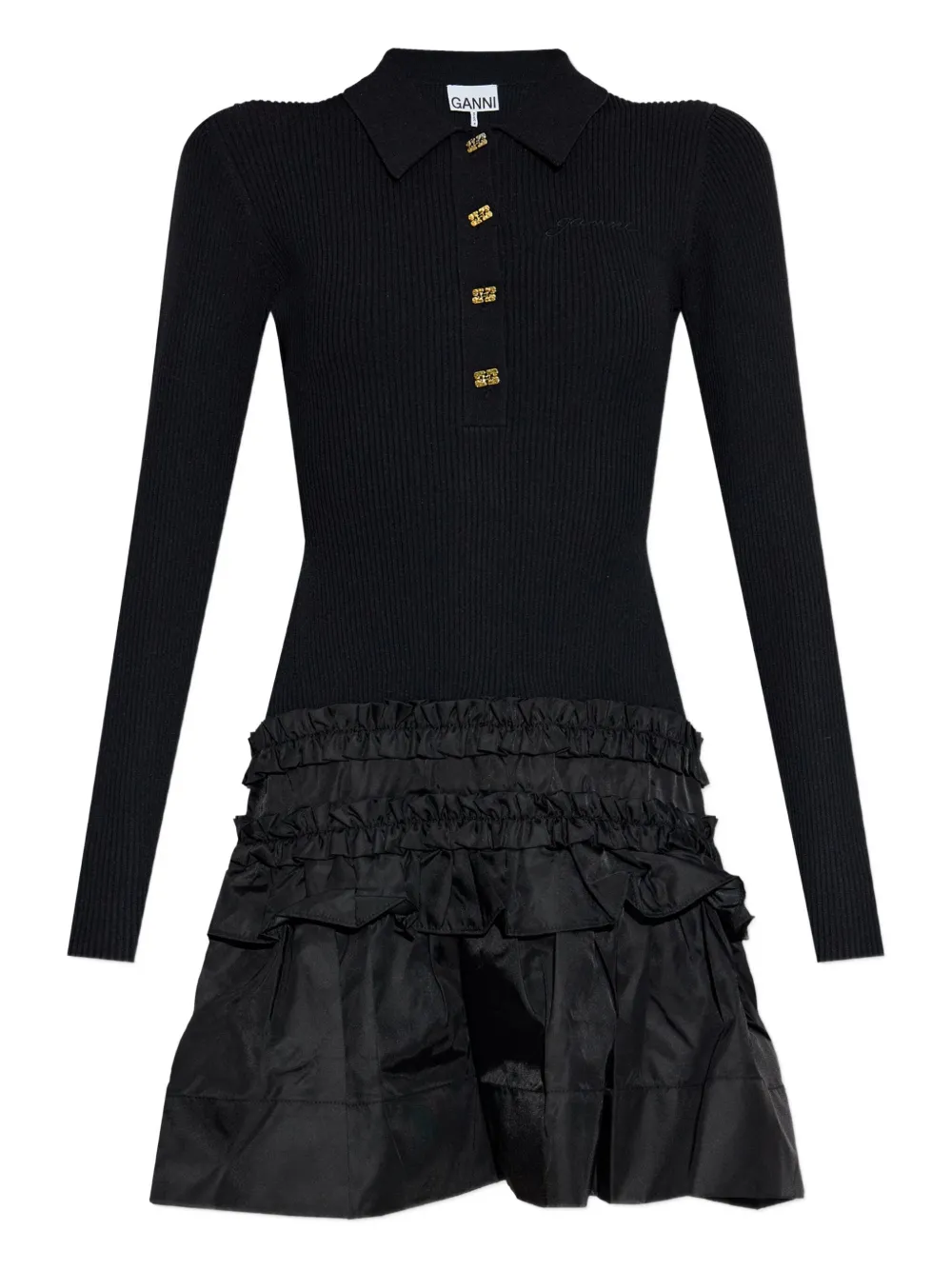 GANNI ribbed ruffled-skirt mini dress Zwart