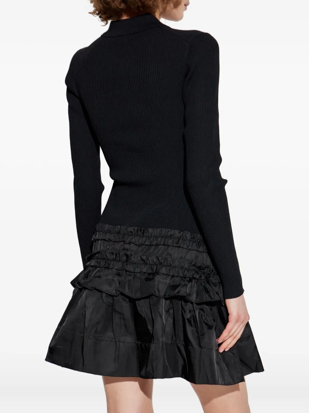 GANNI ribbed ruffled-skirt mini dress Zwart
