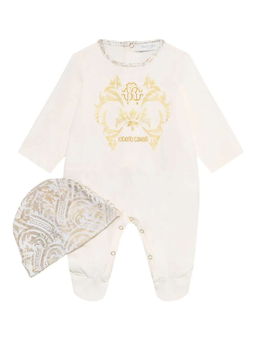 Roberto Cavalli Romper en muts met logo Beige