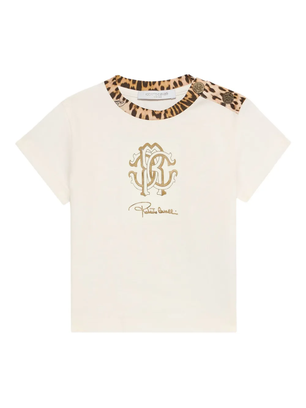 Roberto Cavalli Junior T-shirt met luipaardprint en monogram afwerking Beige