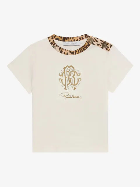Roberto Cavalli Junior monogram leopard-print-trim t-shirt