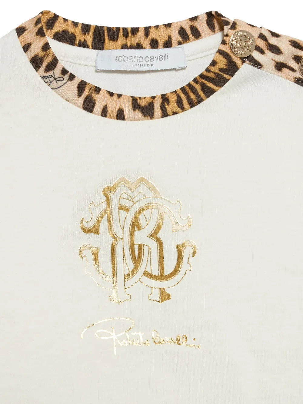 Roberto Cavalli Junior T-shirt met luipaardprint en monogram afwerking Beige