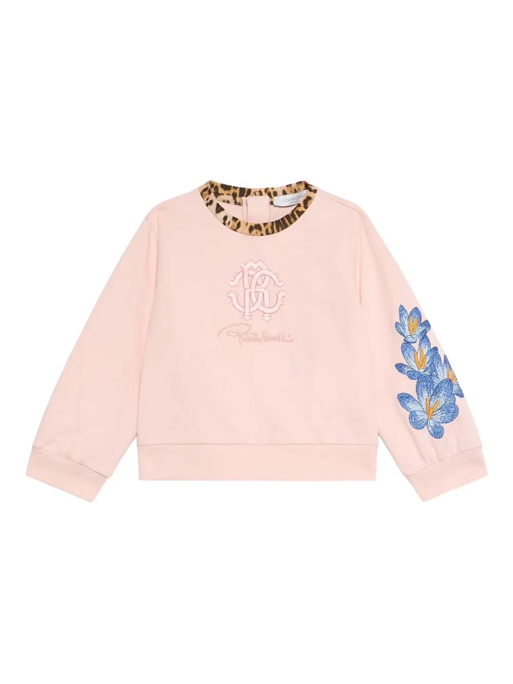 Roberto Cavalli Junior Sweater met geborduurde bloem en luipaardprint Roze