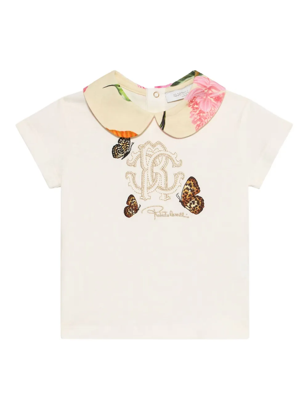 Roberto Cavalli Junior T-shirt con ricamo farfalla e motivo floreale sul colletto - Bianco