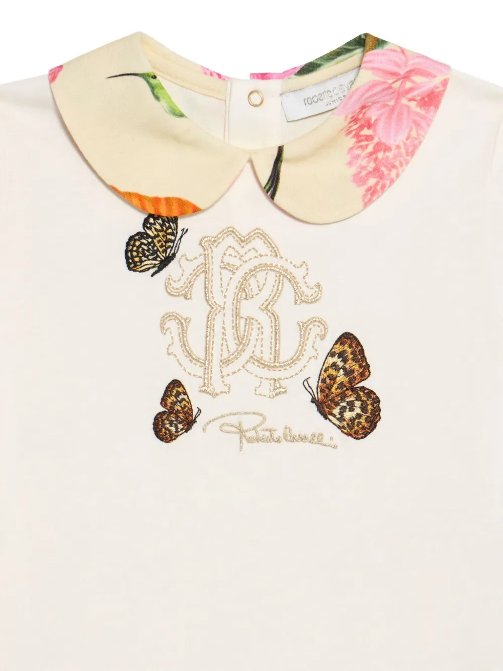 Roberto Cavalli Junior T-shirt met geborduurde vlinder en bloemkraag Wit