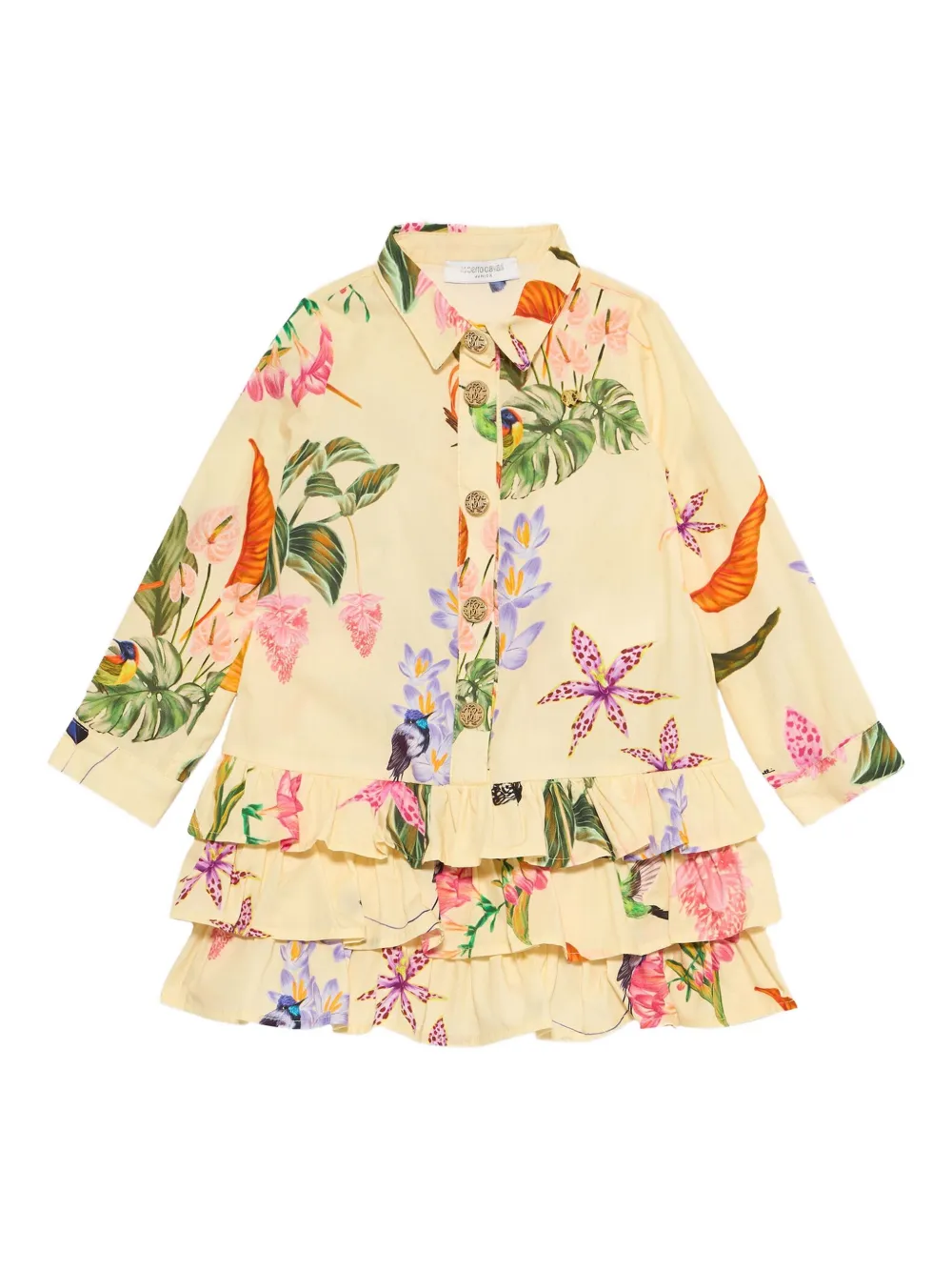 Roberto Cavalli Jurk met print en ruches Geel