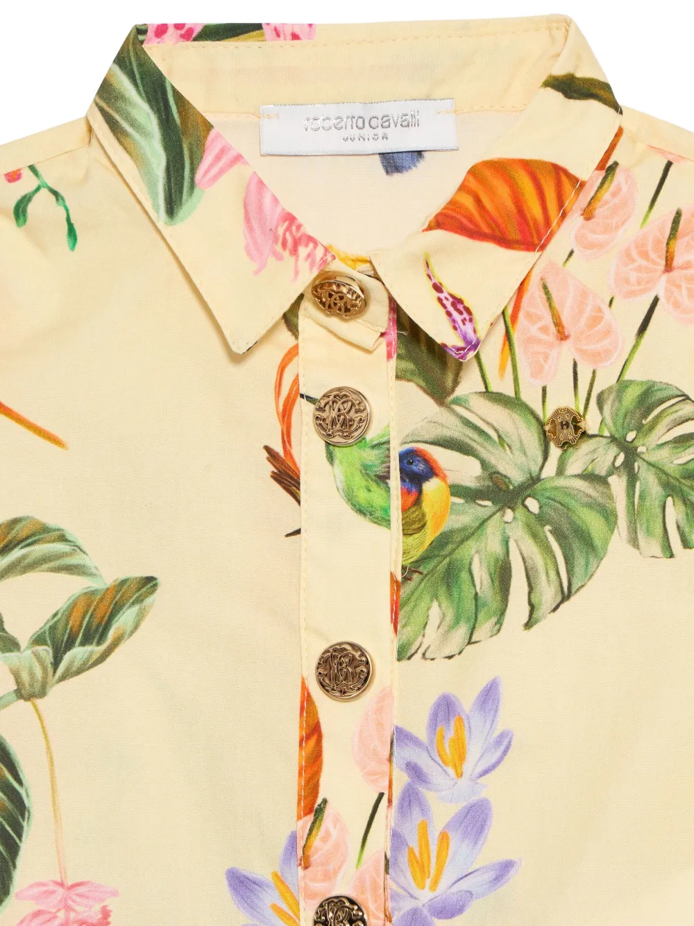 Roberto Cavalli Jurk met print en ruches Geel