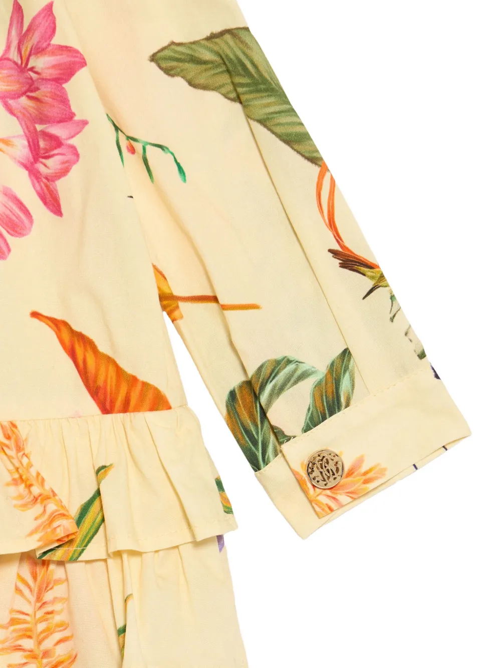 Roberto Cavalli Jurk met print en ruches Geel