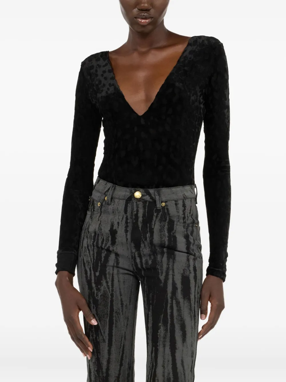 Roberto Cavalli Black Bodysuit With Jaguar Skin Pattern In Black