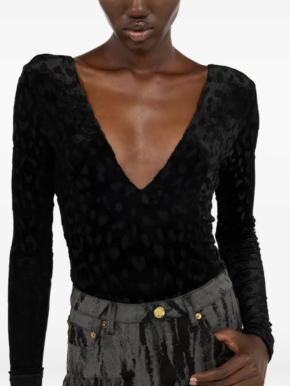 Roberto Cavalli Black Bodysuit With Jaguar Skin Pattern In Black