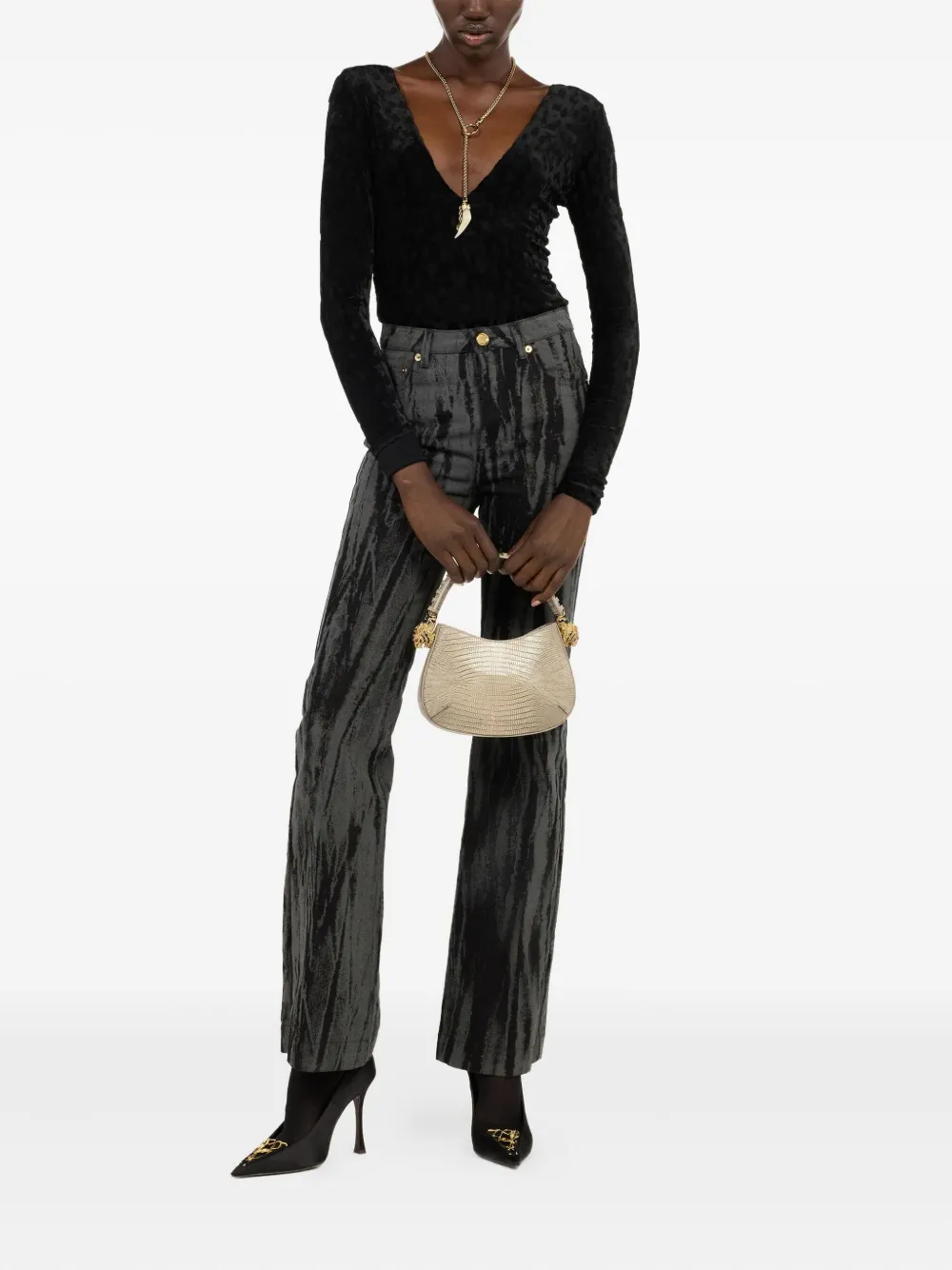 Roberto Cavalli Fluwelen body met jaguarprint - Zwart