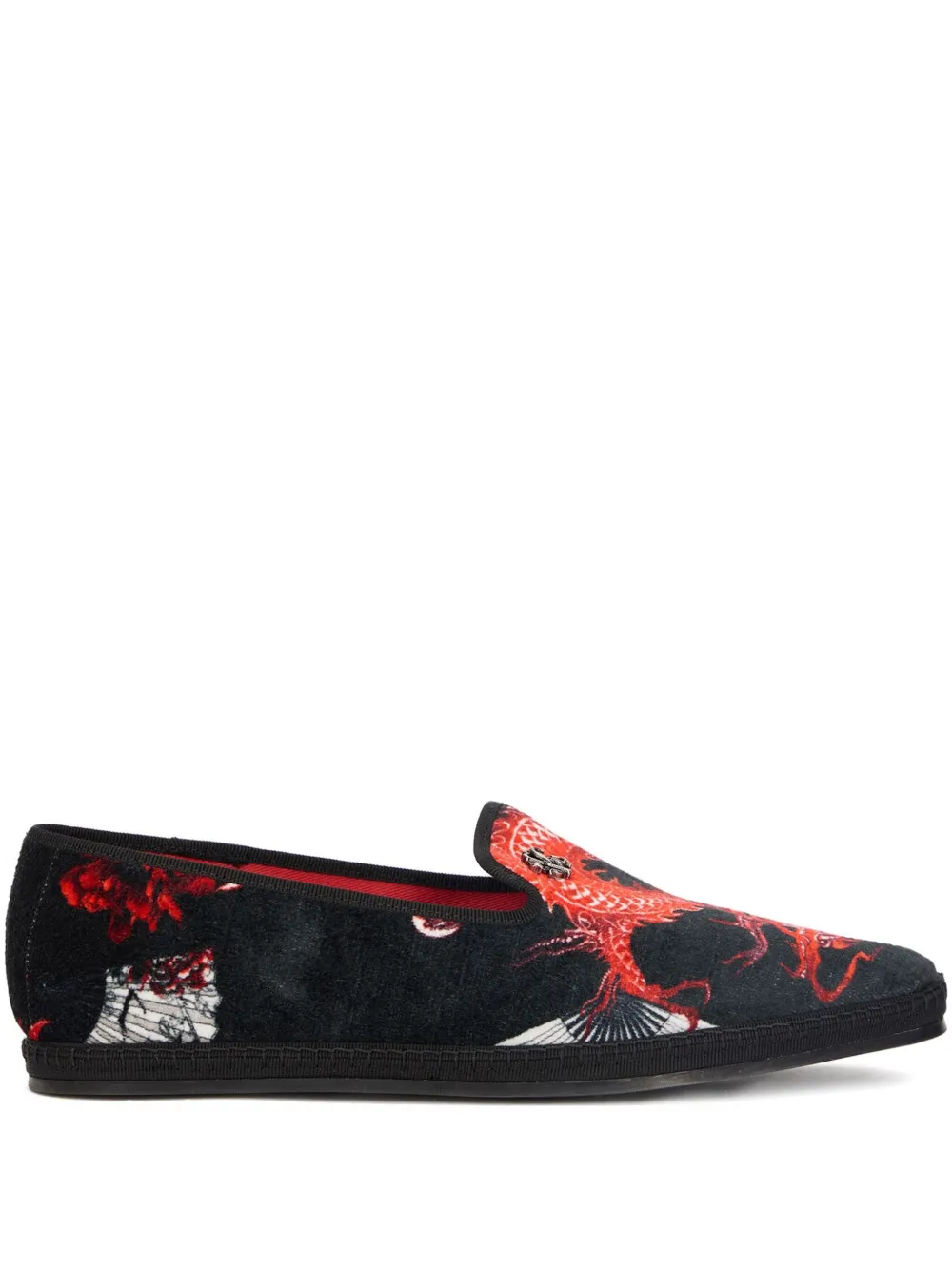 Roberto Cavalli Dragon-print Velvet Loafers In Black