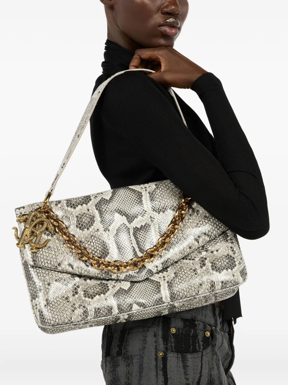 Roberto Cavalli Rock schoudertas met pythonprint en kettinghengsel - Grijs