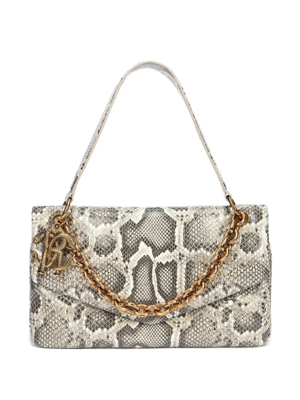 Roberto Cavalli Rock Python Print Chain Shoulder Bag In Gray