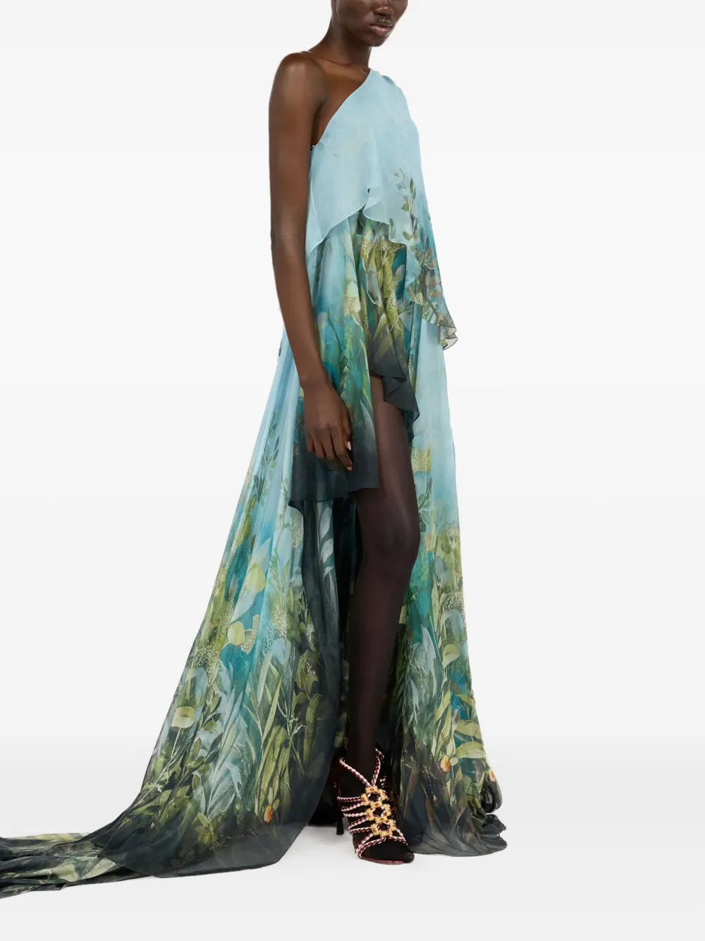 Roberto Cavalli Extra-long Silk Dress With Nature Print In Multi