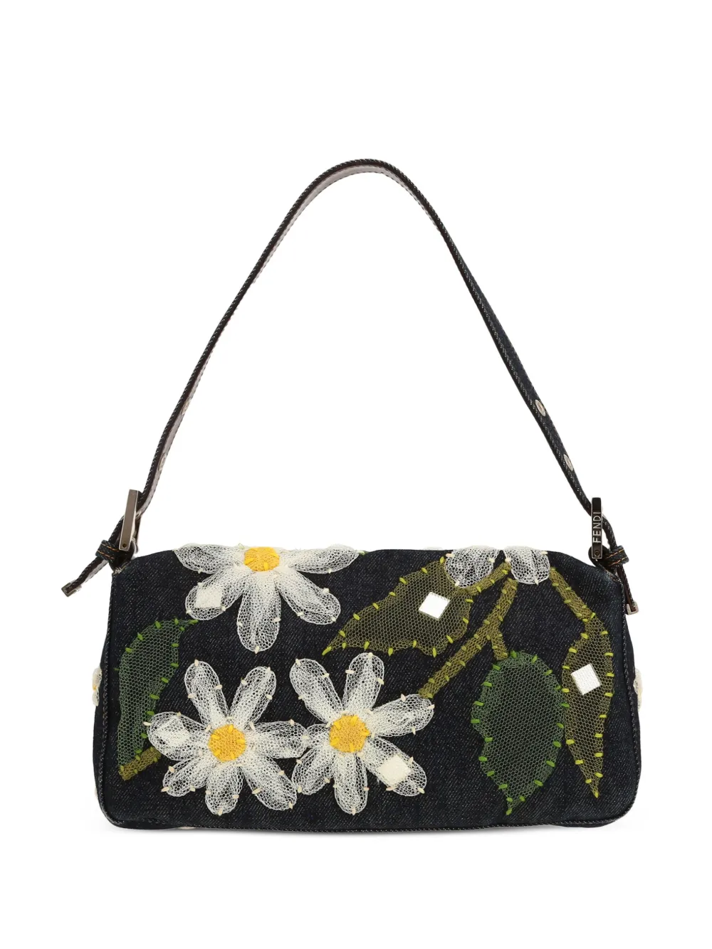 Pre-owned Fendi Floral-appliqué Denim Baguette Shoulder Bag In Blue