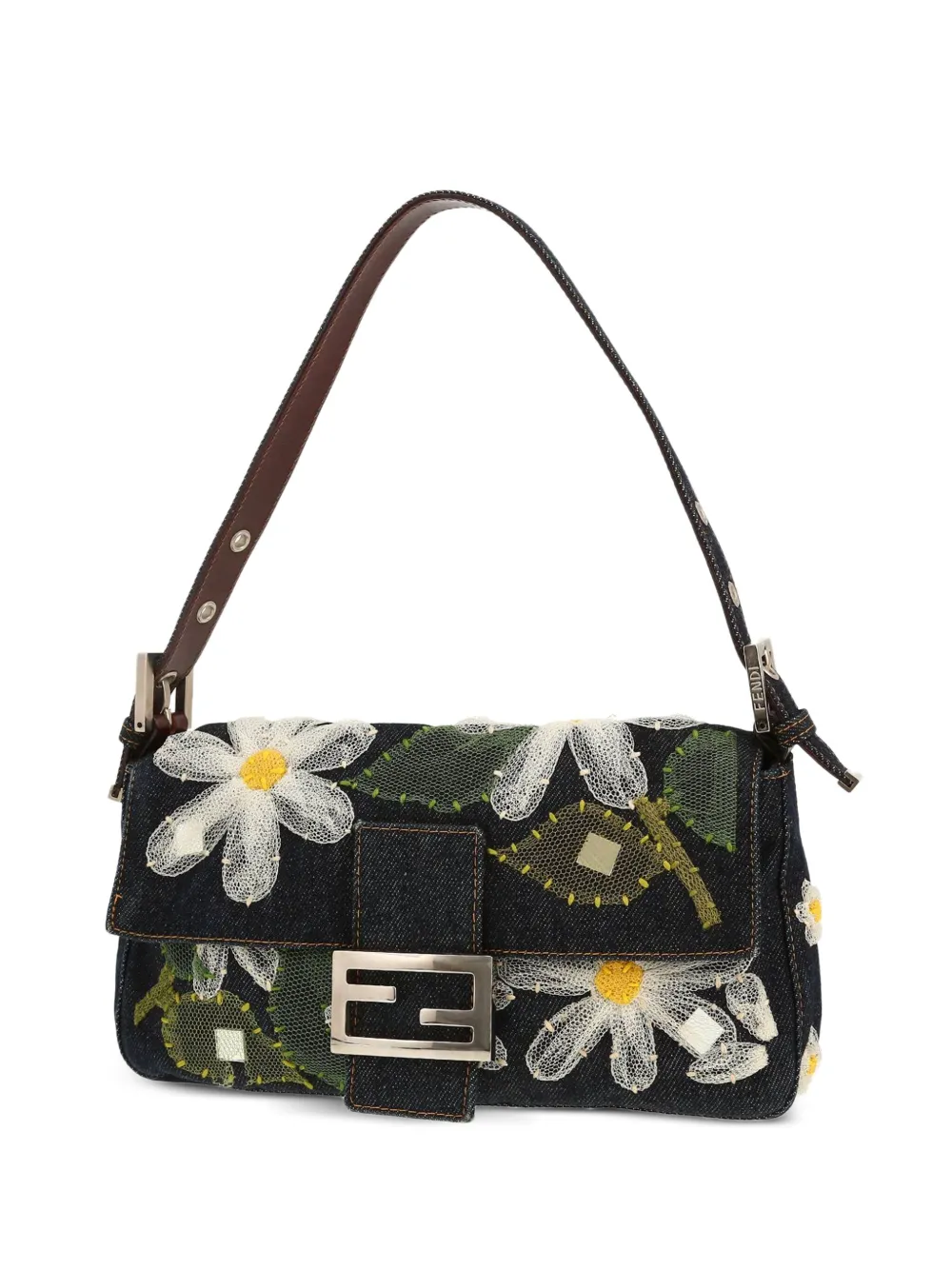 floral-appliqué denim Baguette shoulder bag