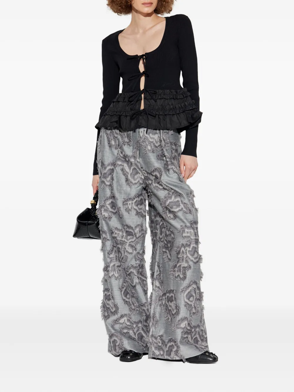 GANNI frayed floral palazzo pants 876 GREY