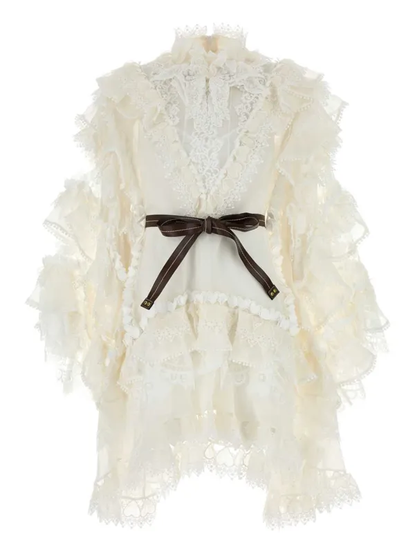 ジマーマン Mercer フラッタードレス 0 リネン ラッフルヘム レース ZIMMERMANN Crush ラッフルレース ミニドレス | ホワイト | FARFETCH JP