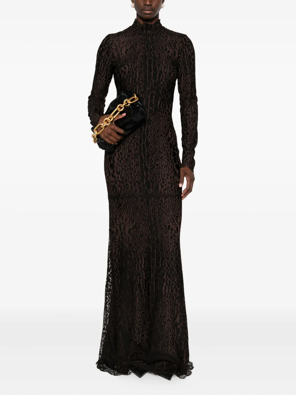 TOM FORD Maxi-jurk met luipaardprint en hoge hals - Zwart