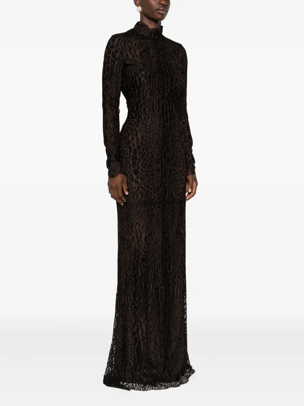 TOM FORD Maxi-jurk met luipaardprint en hoge hals Zwart