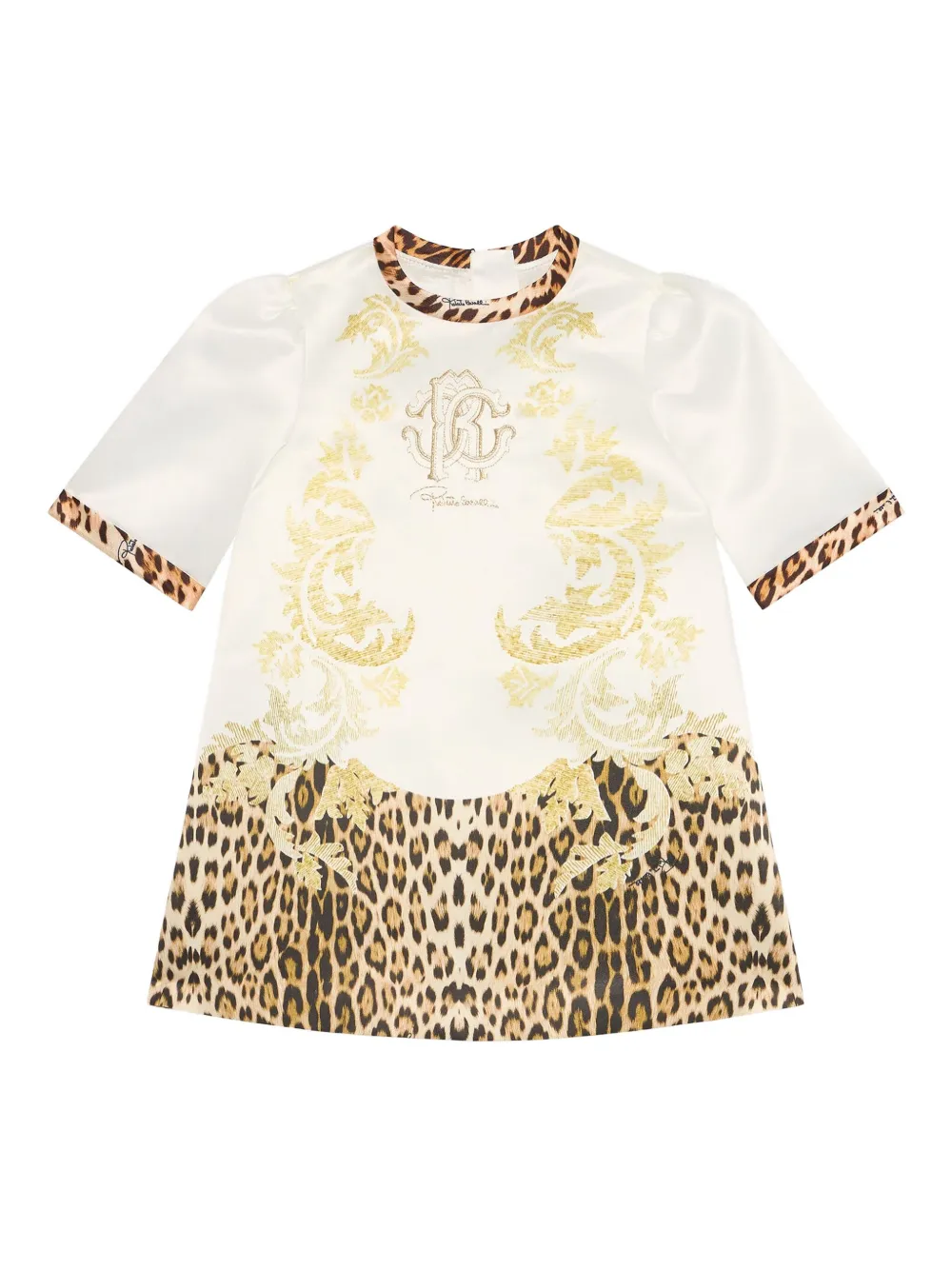 Roberto Cavalli Junior Satijnen jurk met jaguarprint Beige