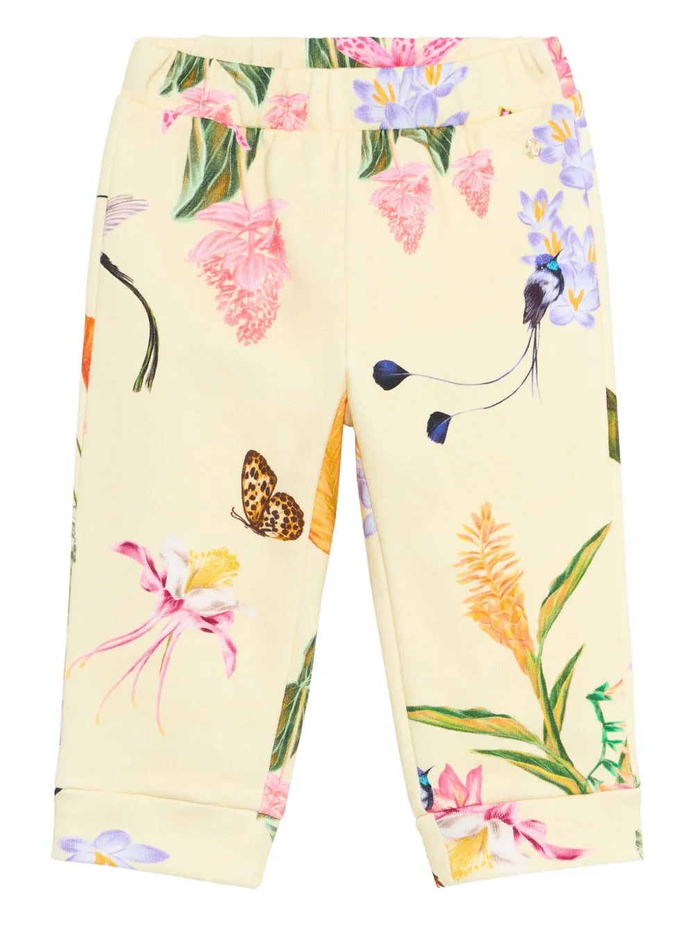 Roberto Cavalli Junior Broek met tropische print en cuffs Geel