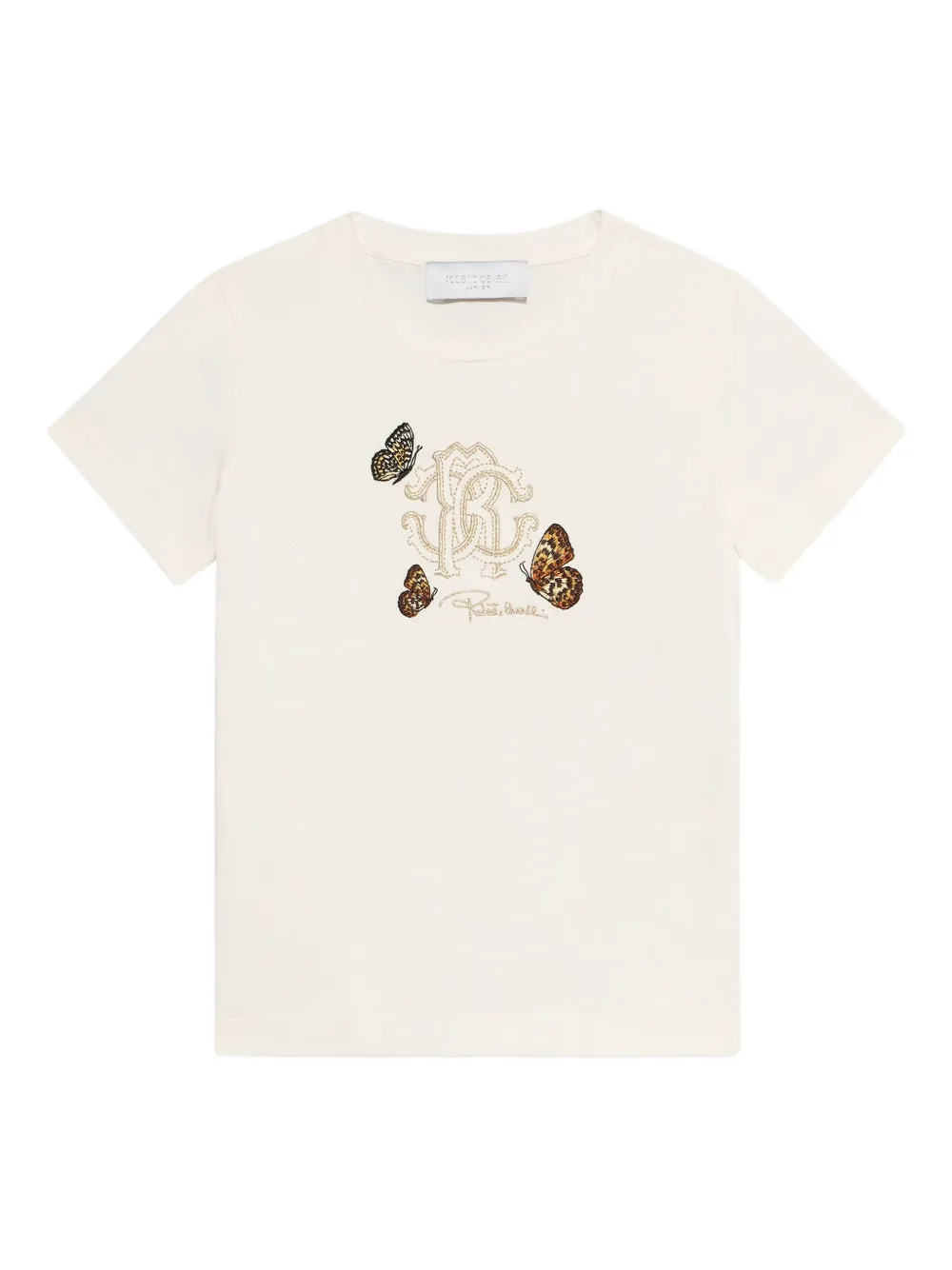 Roberto Cavalli Junior T-shirt met monogram en vlinder Beige