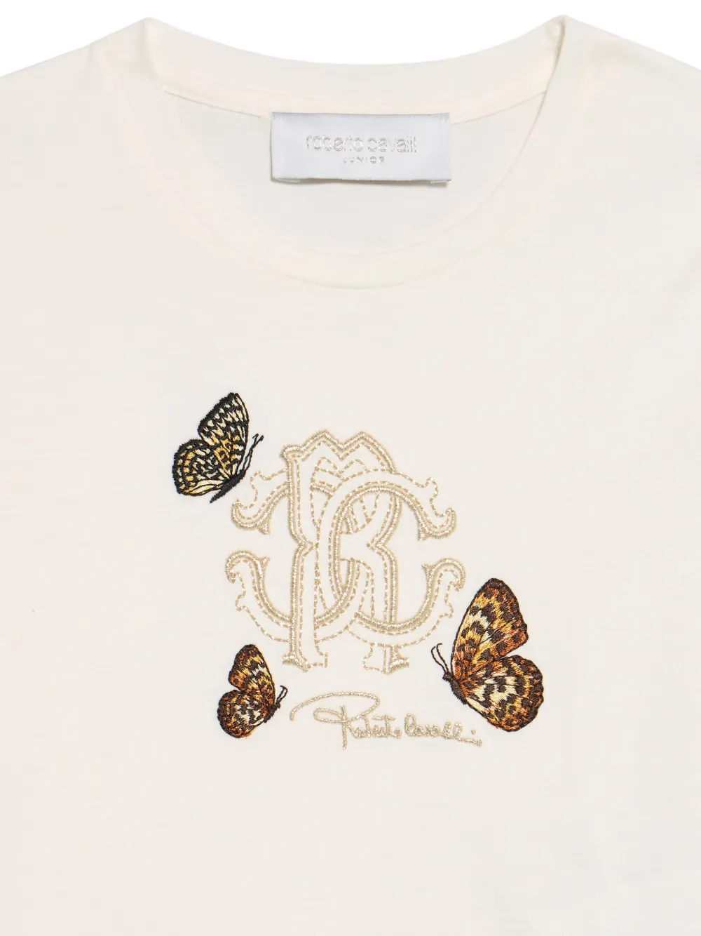 Roberto Cavalli Junior T-shirt met monogram en vlinder Beige