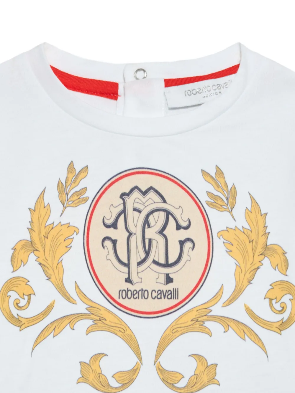 Roberto Cavalli T-shirt met logoplakkaat en bladgoud Wit