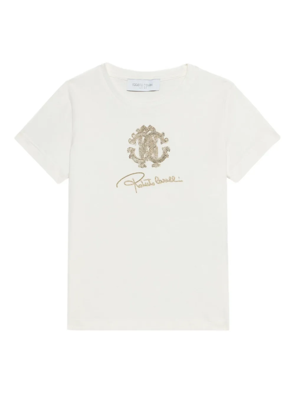 Roberto Cavalli Junior T-shirt verfraaid met pailletten en monogram Beige