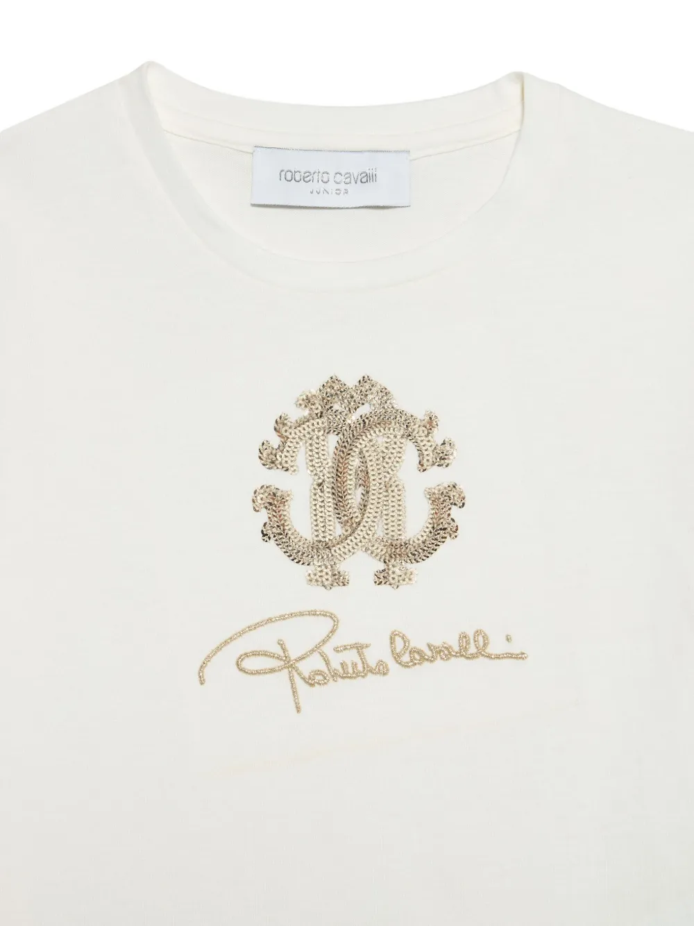 Roberto Cavalli Junior T-shirt verfraaid met pailletten en monogram Beige