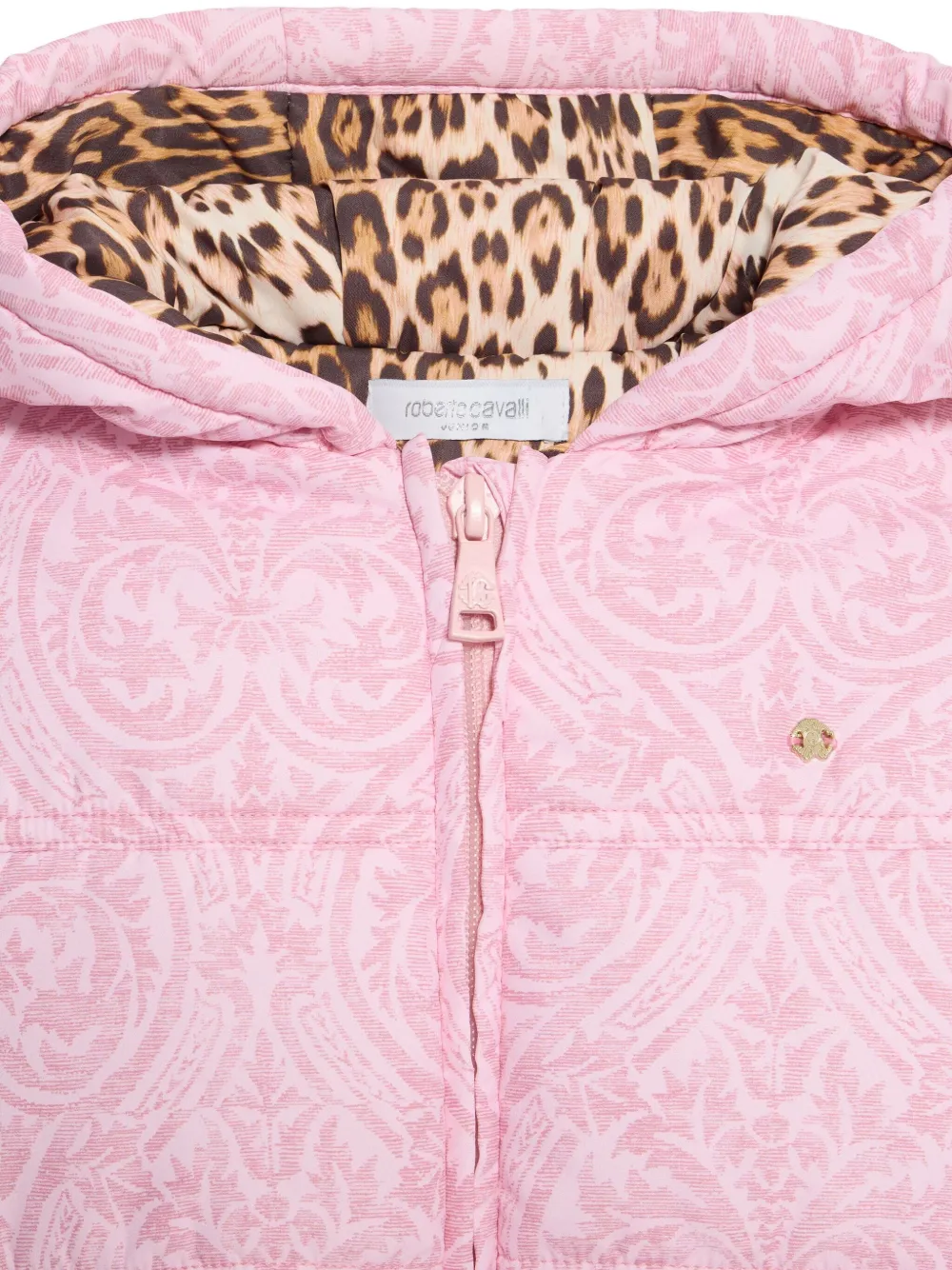 Roberto Cavalli Junior Gewatteerd jack met capuchon en damask-print Roze