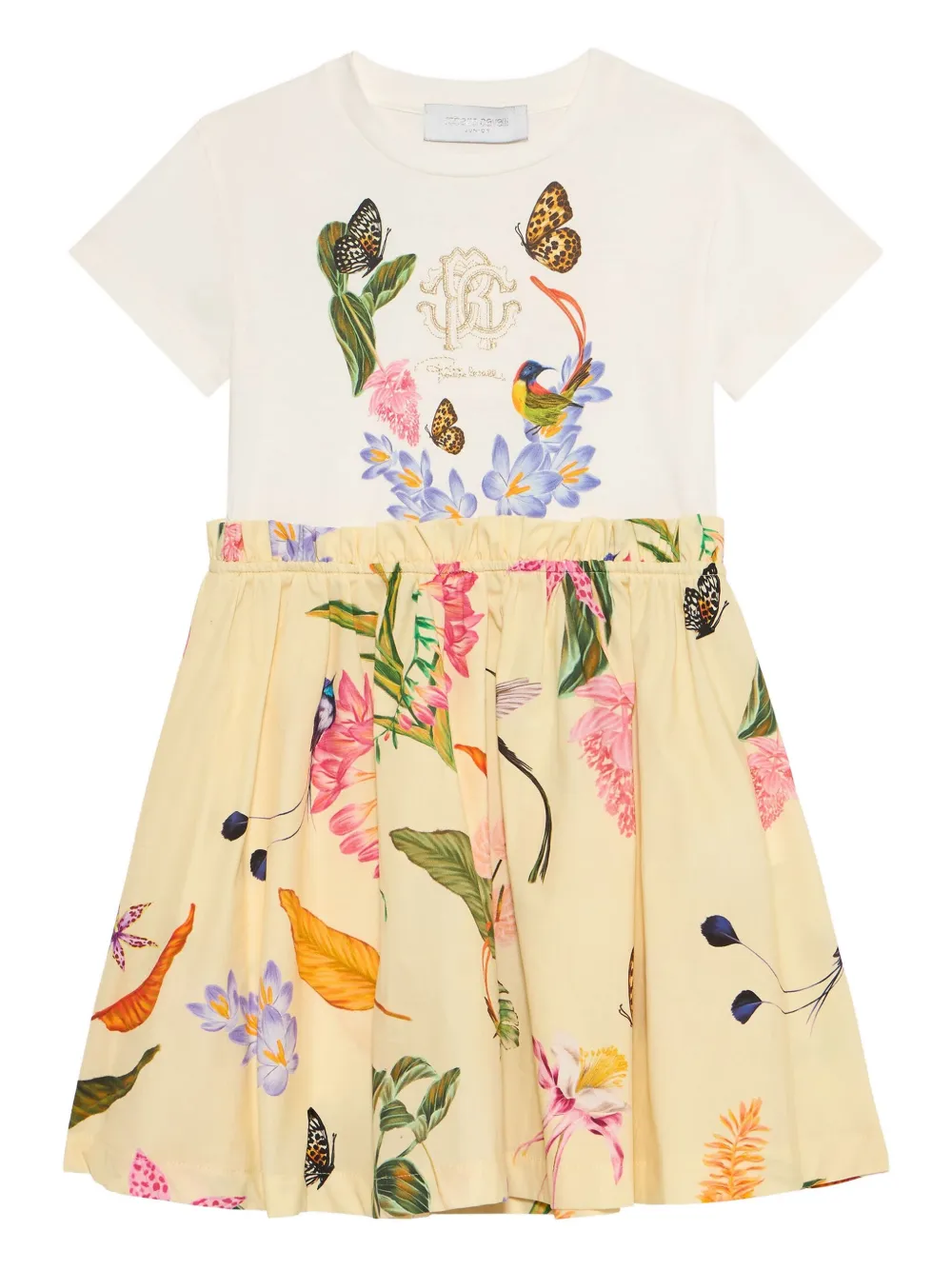 Roberto Cavalli Jurk met geborduurd logo en tropische print Wit