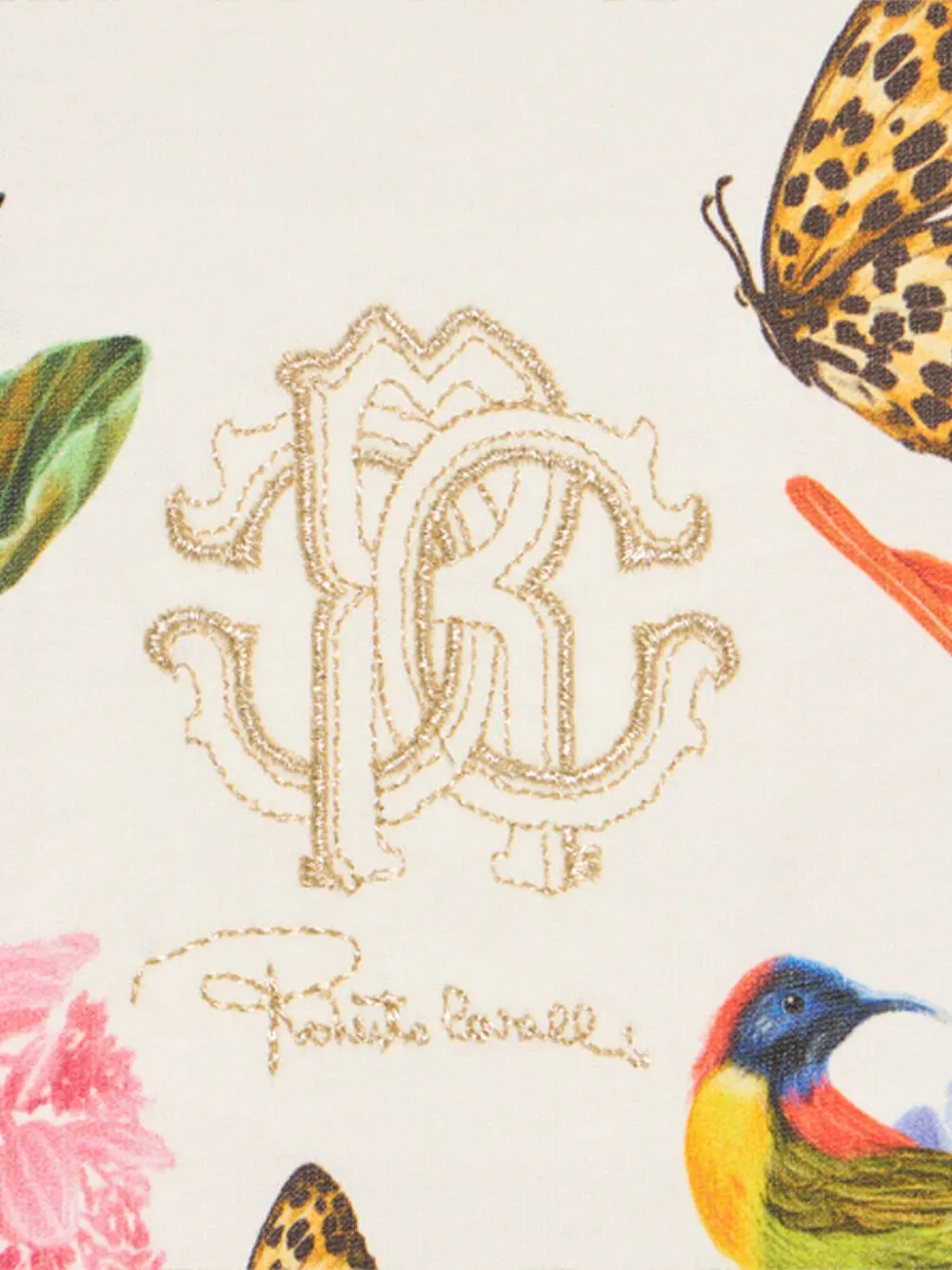 Roberto Cavalli Jurk met geborduurd logo en tropische print Wit