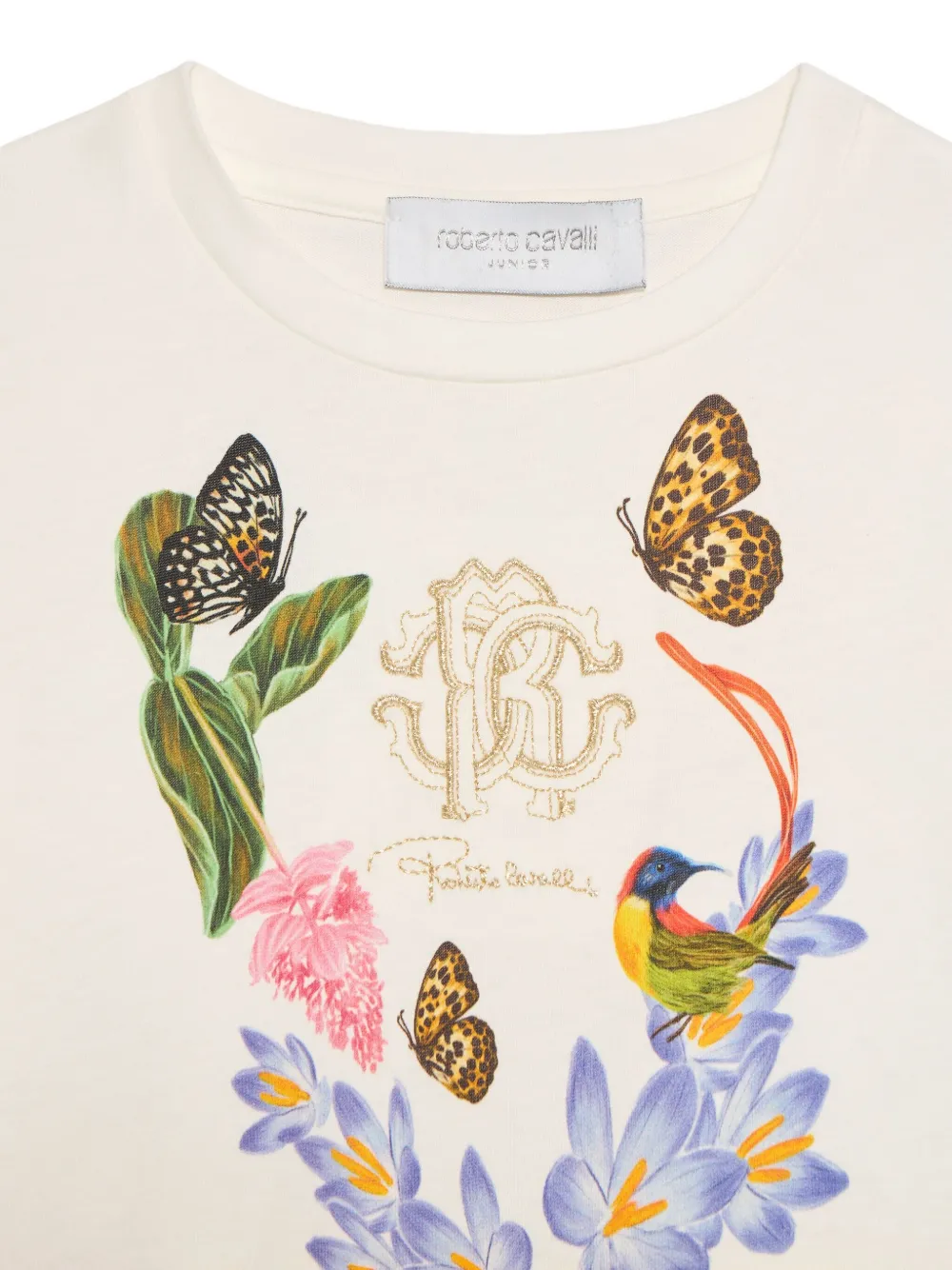 Roberto Cavalli Jurk met geborduurd logo en tropische print Wit
