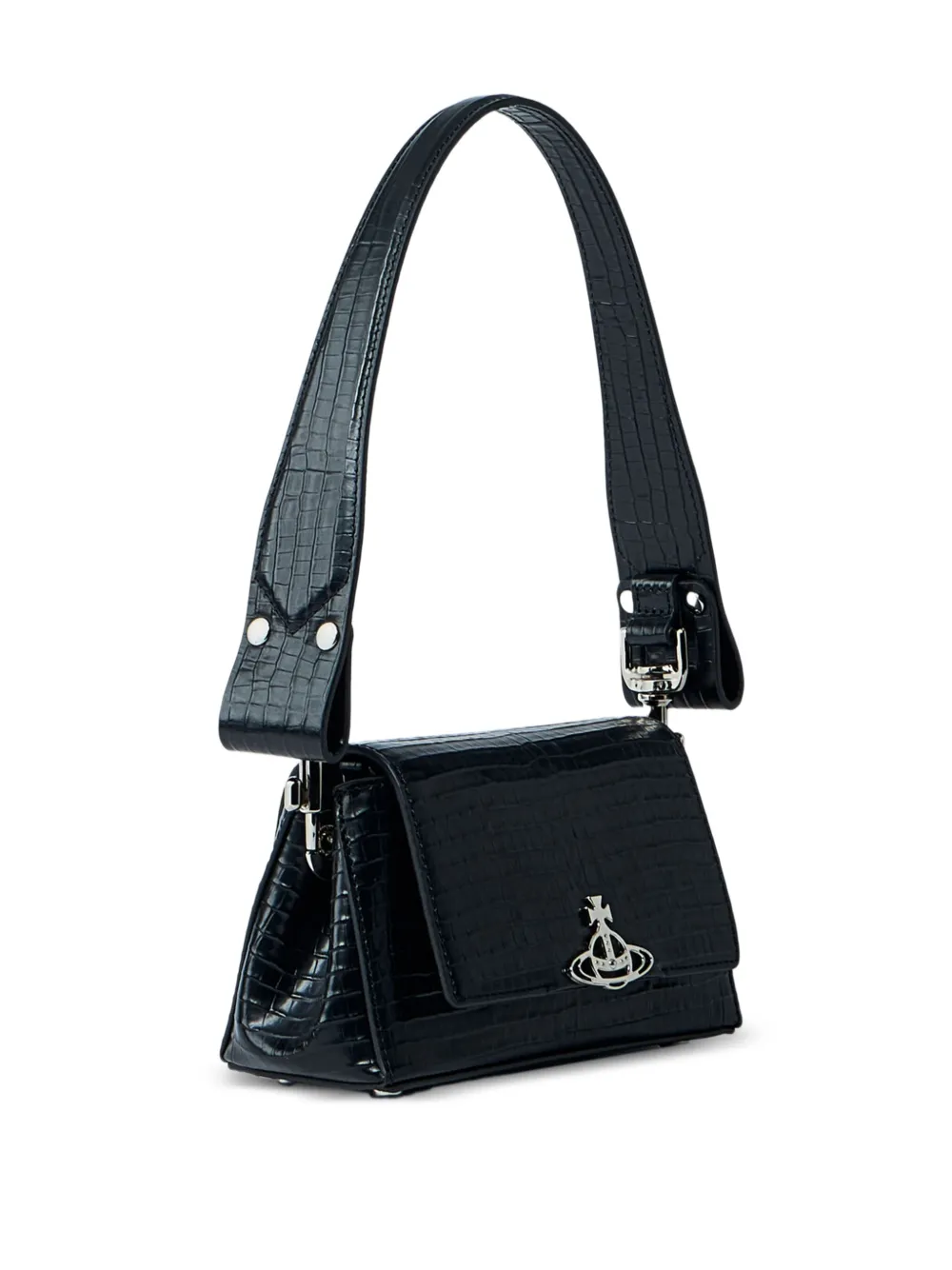 Vivienne Westwood small Hazel croc-embossed flap shoulder bag Zwart