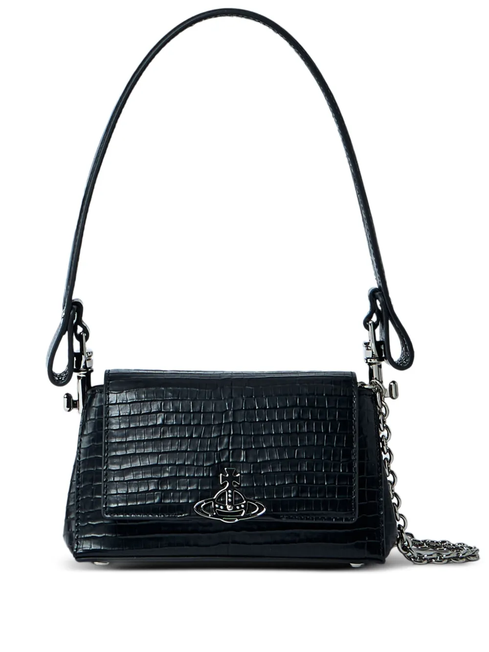 Vivienne Westwood small Hazel croc-embossed flap shoulder bag Zwart
