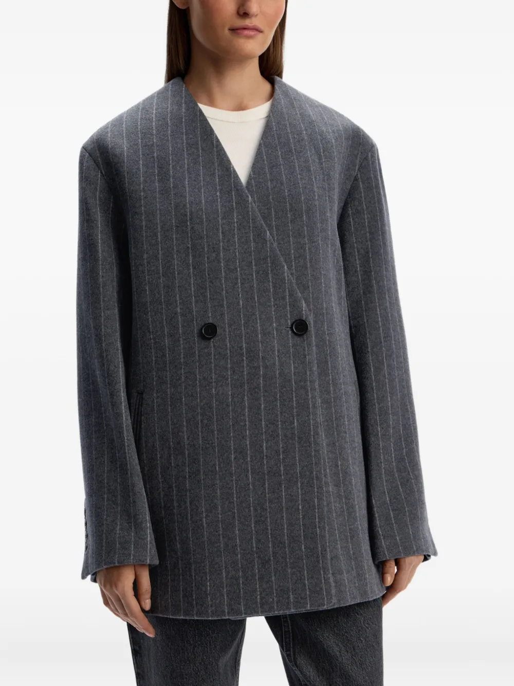 12 Storeez Pinstripe Double-breasted Coat In Gray