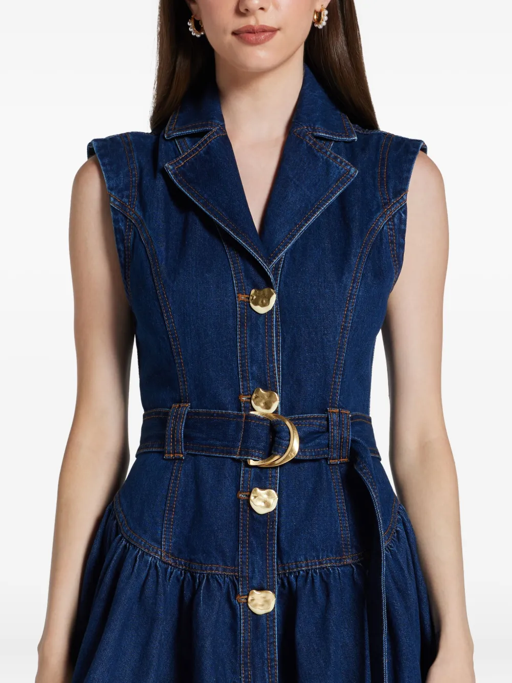 Aje Elena Belted Denim Mini Dress Dark Classic Wash In Blue